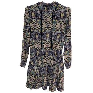 AQUA Womens Navy Blue Floral Damask Smocked Waist Tie Neck Mini Dress Small